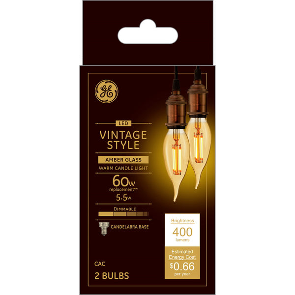 Bombilla LED GE Lighting Vintage Style CAC E12 (candelabro), luz cálida tipo vela, equivalente a 60 vatios, paquete de 2