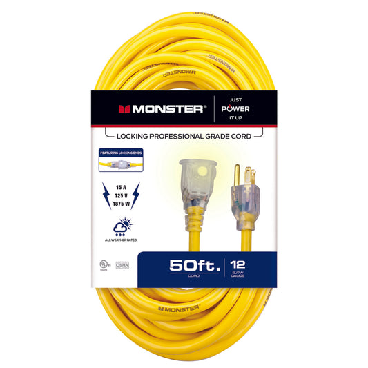 Monster Yellow 15A 125V 1875W 12/3 ga. 1-Outlet Outdoor Extension Cord 50 L ft.