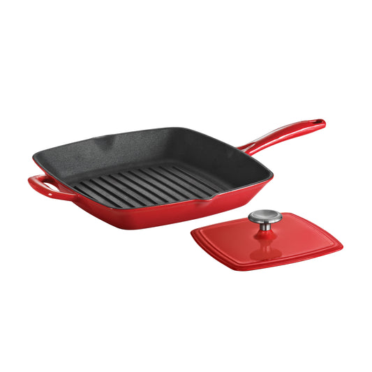11 in Enameled Cast-Iron Series 1000 Grill Pan with Press - Gradated Red