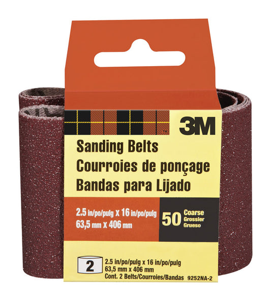 3M 16 in.   L X 2.5 in.   W Aluminum Oxide Sanding Belt 50 Grit Coarse 2 pc