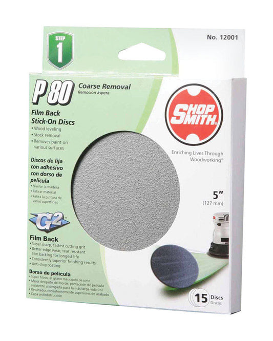 Shopsmith  5 in. Aluminum Oxide  Adhesive  Sanding Disc  80 Grit Coarse  15 pk