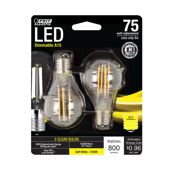 Feit A15 E17 (Intermediate) Filament LED Bulb Soft White 75 Watt Equivalence 2 pk