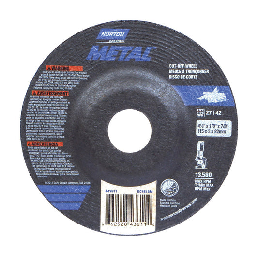 Norton Metal 4-1/2 in. D X 7/8 in. Aluminum Oxide Cut-Off Wheel 1 pc