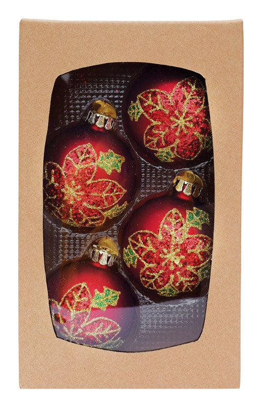 Celebrations  Poinsettia  Christmas Ornaments  Red  Glass  4 pk (Pack of 4)