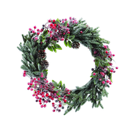 Decoris  Frosted Wreath With Berries  Christmas Decoration  Red/Green  Plastic  1 pk