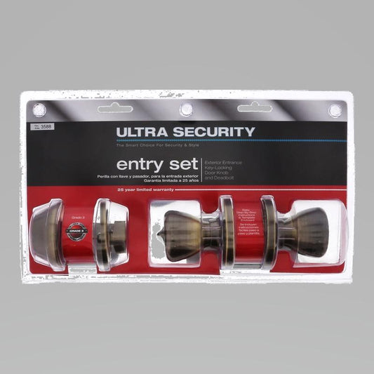 Ultra Security Antique Brass Deadbolt and Entry Door Knob KW1 1-3/4 in.