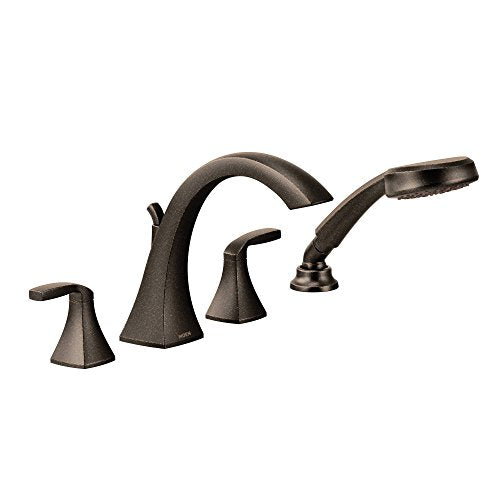 Oil rubbed bronze two-handle high arc roman tub faucet includes hand shower