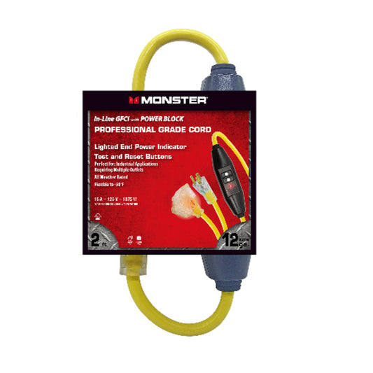 Monster Indoor or Outdoor 2 ft. L Yellow Multiple Outlet In-line GFCI Cord 12/3 SJTW
