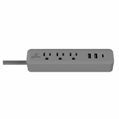 Cord Power Strip, 3-Outlet, USB-A & USB-C, Grey