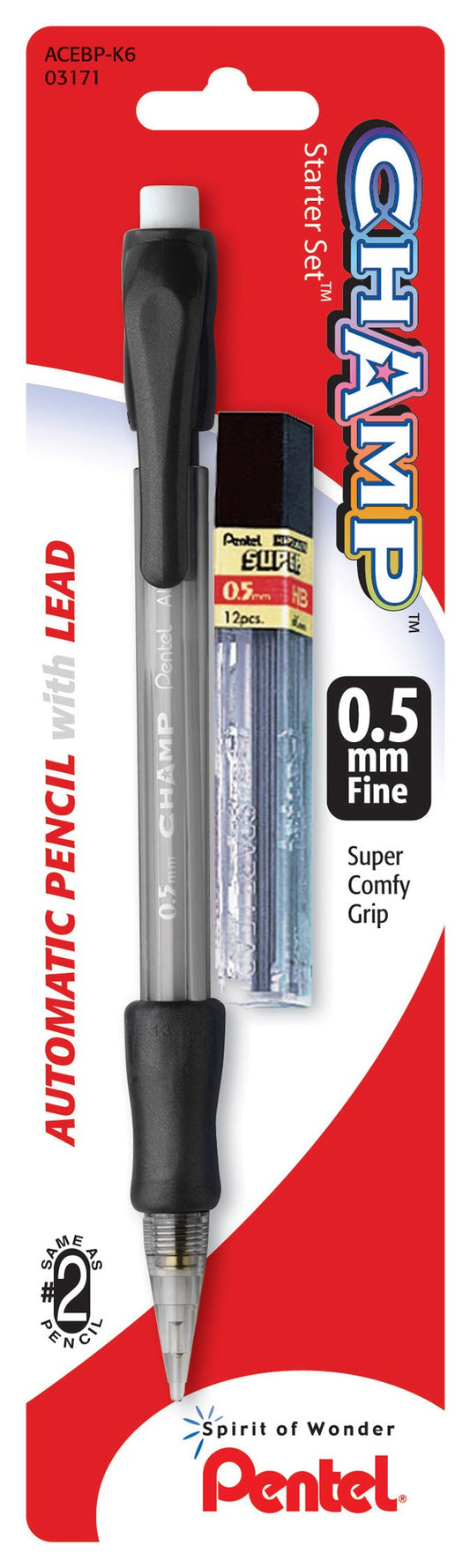 Pentel Acebp 0.5mm Champ Starter Set Automatic Pencil With Lead (Pack of 6)