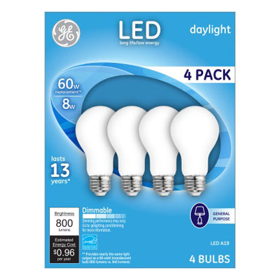 GE A19 E26 (Medium) LED Light Bulb Daylight 60 Watt Equivalence 4 pk