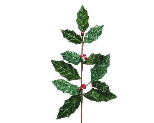 Decoris Holly Leaf Spray Christmas Decoration Green/Red Velvet 1 pk (Pack of 14)