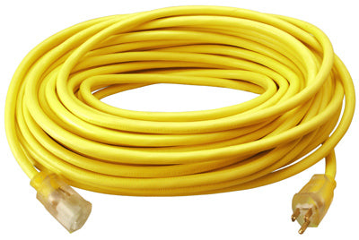 Extension Cord, 12/3 SJTW-A, Yellow Round Vinyl, Lighted End, 100-Ft.