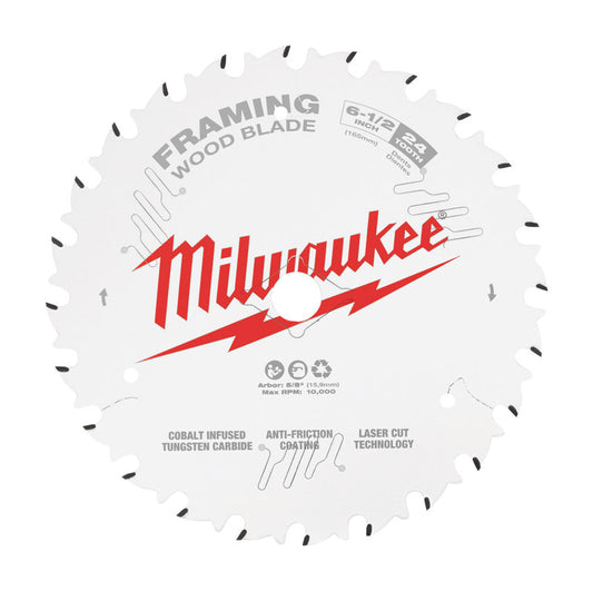 Milwaukee  6-1/2 in. Dia. x 5/8 in.  Framing  Tungsten Carbide Tipped  Circular Saw Blade  24 teeth 1 pc.