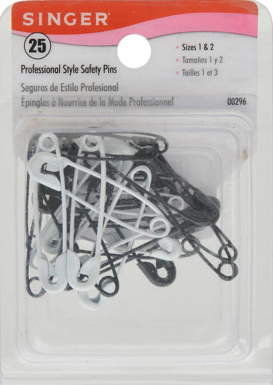Singer 00296 Size 1 & 2 Black/White Professional Style Safety Pins 25 Count