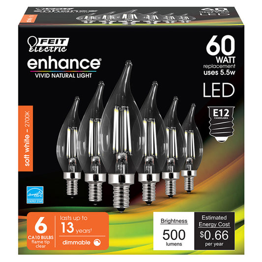 Feit Electric Enhance CA10 E12 (Candelabra) Filament LED Bulb Soft White 60 W 6 pk