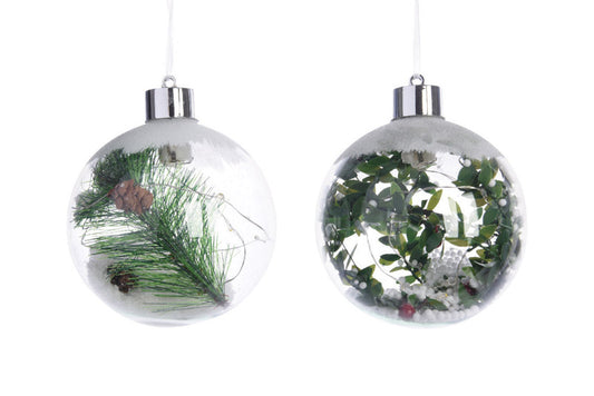 Decoris  LED  Clear  Round Snow and Greenery  Ornament (Pack of 18)