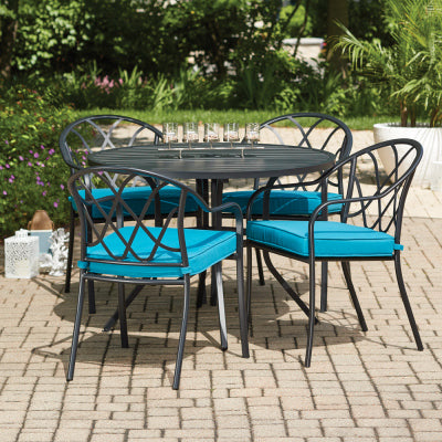 Clearwater 5-Pc. Patio Dining Set, 4 Stacking Chairs, Slat Top Table, Black Steel, Teal Fabric