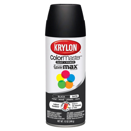 Krylon ColorMaster Satin Black Smooth and Durable Spray Paint 12 oz. (Pack of 6)