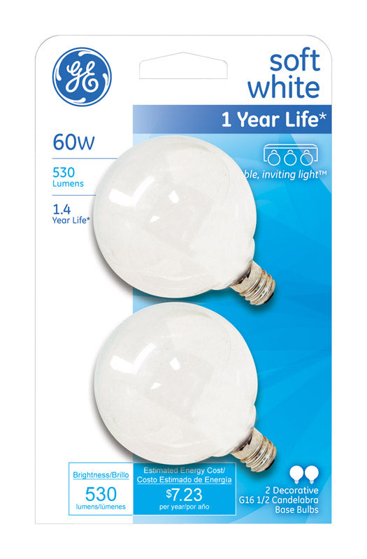 GE 60 watts G16.5 Globe Incandescent Bulb E12 (Candelabra) Soft White 2 pk (Pack of 6)