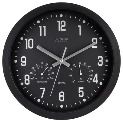 Wall Clock, Black, With Temp/Humidity, 12-In.