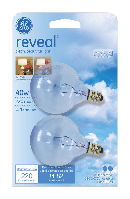 GE Reveal 40 W G16.5 Globe Incandescent Bulb E12 (Candelabra) Warm White 2 pk