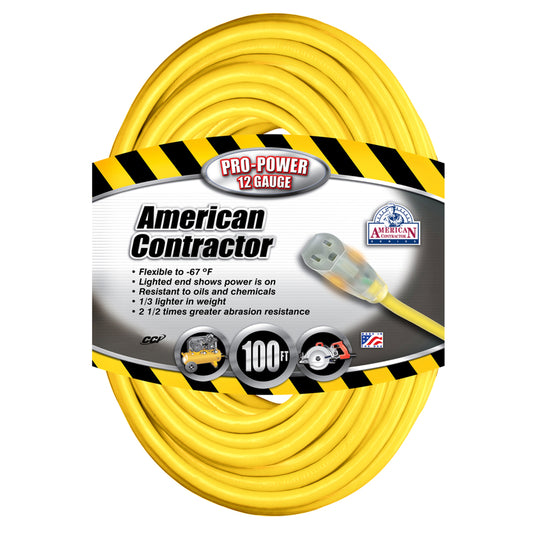 Coleman Cable American Contractor Outdoor 100 ft. L Yellow Extension Cord 12/3 SJEOW