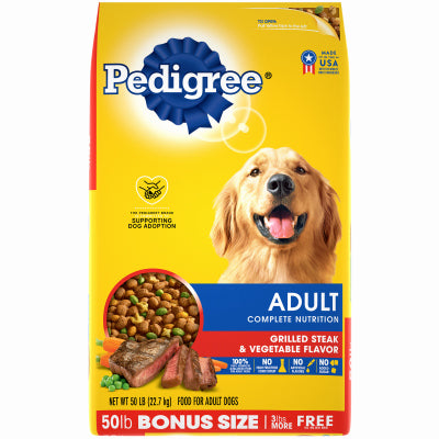 Alimento para perros, nutrición completa para adultos, filete a la parrilla y verduras, 50 libras.