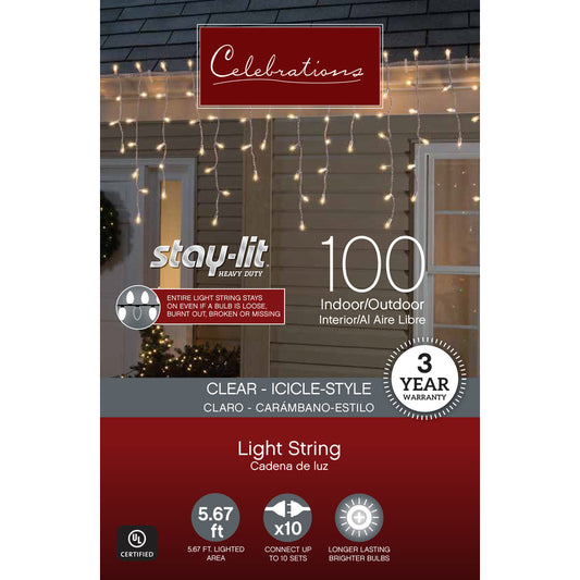 Celebrations Stay-lit Incandescent Mini Clear/Warm White 100 ct Icicle Christmas Lights 5.67 ft.