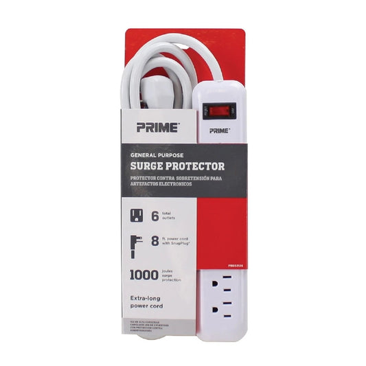 Prime 8 ft. L 6 outlets Surge Protector White 1000 J