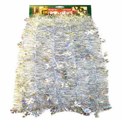 Holographic Silver Snowflakes with Silver Center Garland, 4-1/2-In. x 10-Ft. (Pack of 12)