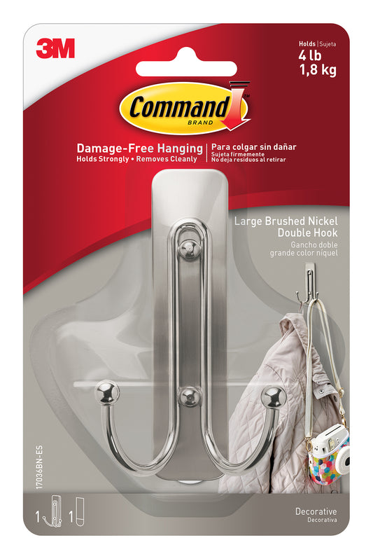 Command Strips 1703bn-Es Large Brushed Nickel Decorative Double Hook With Command Adhesive Strip