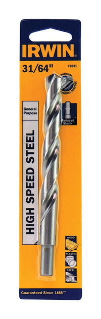 Broca de acero de alta velocidad Irwin de 31/64 pulg. x 5-7/8 pulg. de largo, 1 pieza.