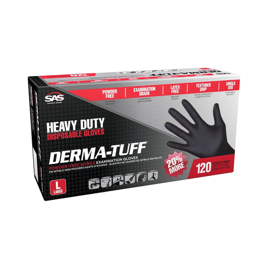 SAS Safety Derma-Tuff Nitrile Disposable Gloves Large Black Powder Free 120 pk