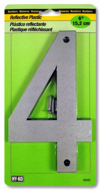 Hy-Ko 6 in. Reflective Black/Silver Plastic Number 4 Nail-On 1 pc. (Pack of 5)