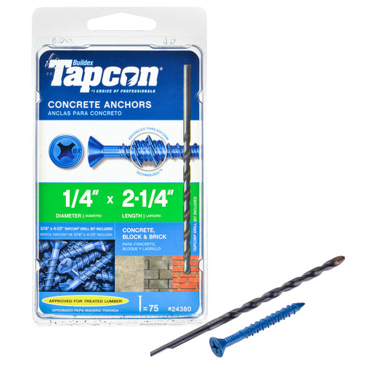 Tapcon 1/4 in. Dia. x 2-1/4 in. L Steel Flat Head Concrete Screw Anchor 75 pk