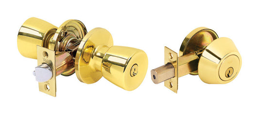Tell Alton Bright Brass Knob and Single Cylinder Deadbolt 1-3/4 in.