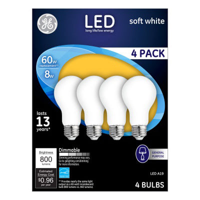 GE A19 E26 (Medium) LED Bulb Soft White 60 Watt Equivalence 4 pk