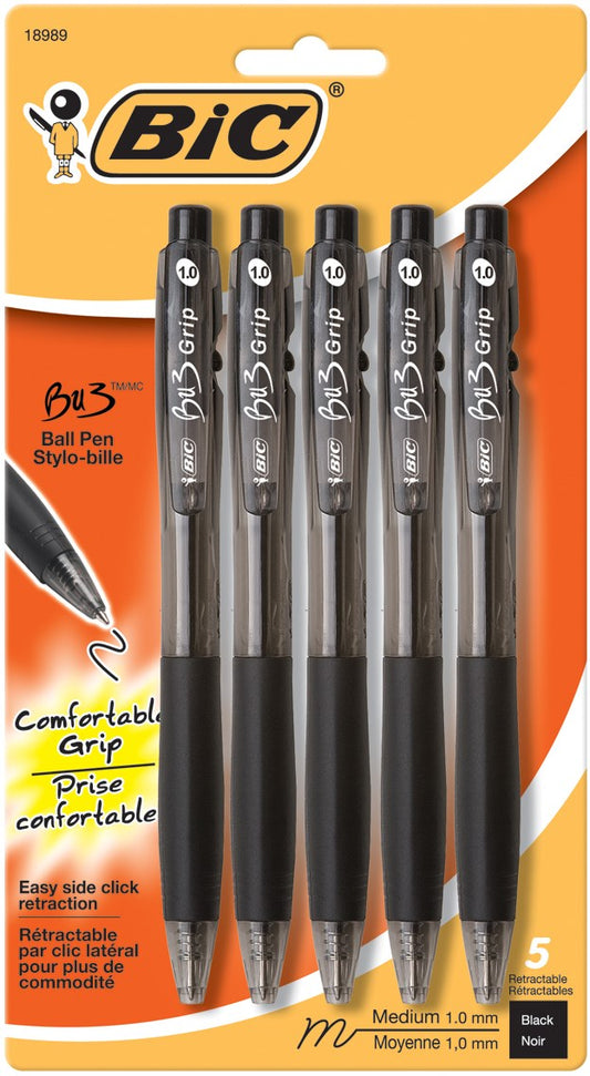 Bic BU3P51-BLK Round Stick Grip Ball Pen 5 Count (Pack of 6)