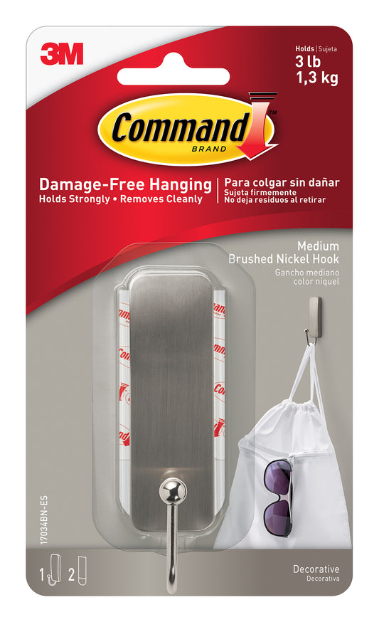 Command Strips 17034bn-Es Medium Brushed Nickel Command Decorative Hook With Command Adhesive Strips