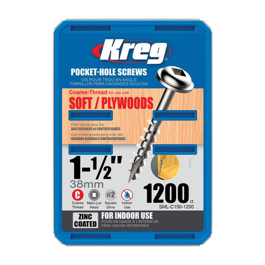 Kreg No. 8 x 1-1/2 in. L Square Zinc-Plated Pocket-Hole Screw 1200 count