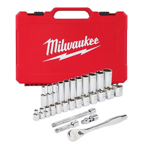 Juego de 28 piezas de trinquete y dados para mecánicos Milwaukee con accionamiento SAE de 3/8 pulg.