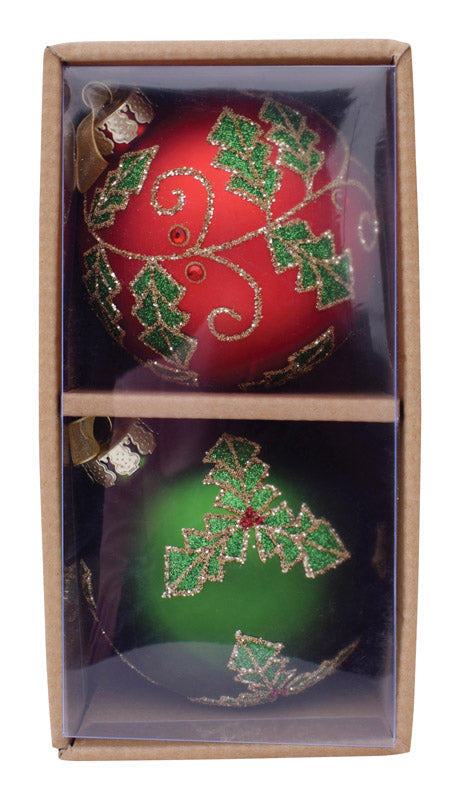Celebrations  Holly  Christmas Ornaments  Red/Green/Gold  Glass  2 pk (Pack of 2)