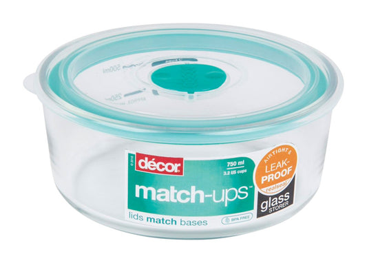 Decor Match-ups Clear/Teal Glass Round 3.2-Cup Food Storage Container 6.33 L x 2.7 H x 2 W in.