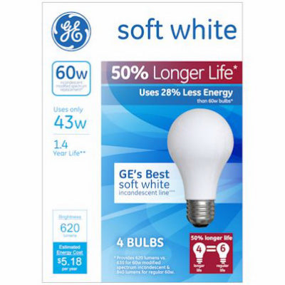 GE 43 W A19 A-Line Incandescent Bulb E26 (Medium) Soft White 4 pk