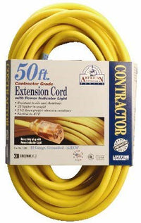 Coleman Cable 01698 50' 12/3 Yellow Single Tap Outdoor Extension Cord                                                                                 
