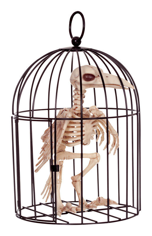 Seasons Bone Skeleton Crow in Cage Indoor Halloween Decoration 9-3/4 H x 6-3/4 L x 6-3/4 W in.