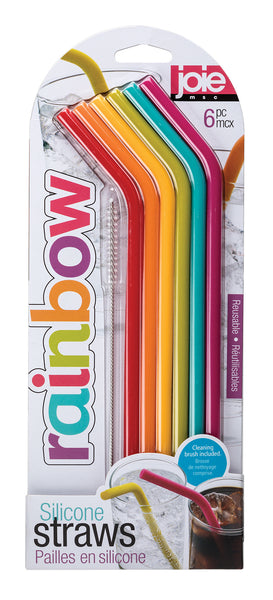 Joie 12711 Silicone Rainbow Straws With Cleaning Brush Assorted Colors 6 Count