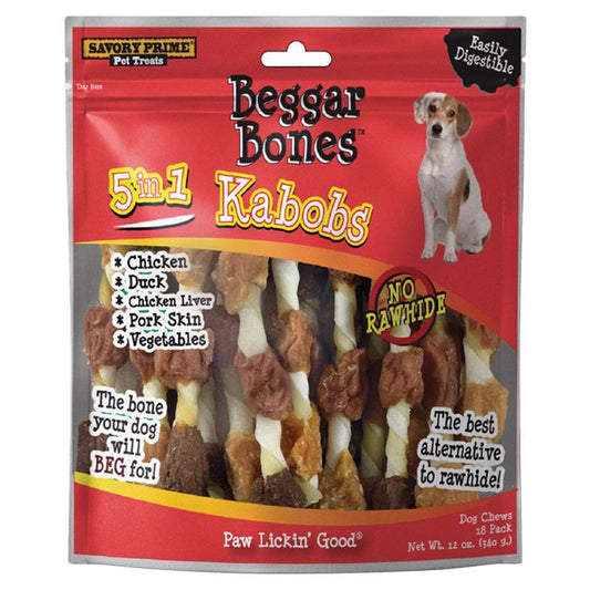 Savory Prime Beggar Bones 5-in-1 Kabobs Grain Free Treats For Dogs 12 oz 8 in. 18 pk