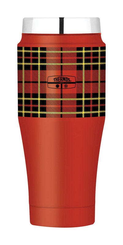 Thermos Red Plaid 18/8 Stainless Steel Travel Tumbler with Pushbutton Lid 16 oz. Capacity